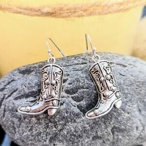 BOOTS Silver Western Cowgirl Cowboy Boots Hook Earrings with a Distressed Look